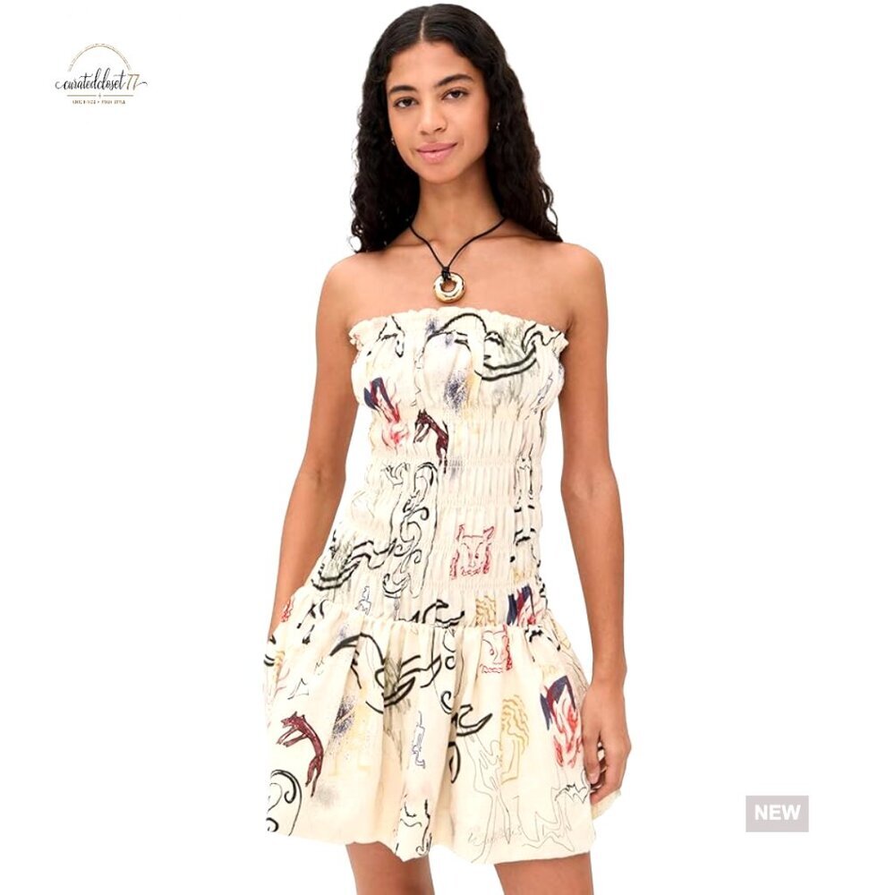 Strapless Linen Mini Dress with Smocked Bodice and Side Pockets